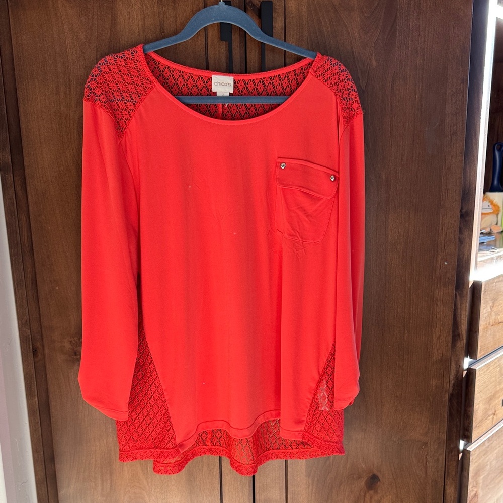 Chico's Vibrant Red Blouse with Lace Accents